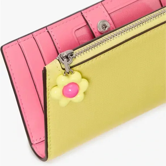 NWT Kate Spade Devin Small Slim Bifold Yellow Wallet with Flower Charm - Picture 6 of 8